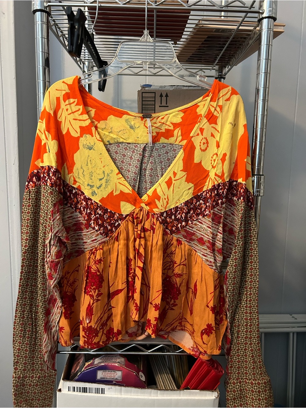 Boho Floral Patchwork V-Neck Womens top by Free People-Orange/ Yellow